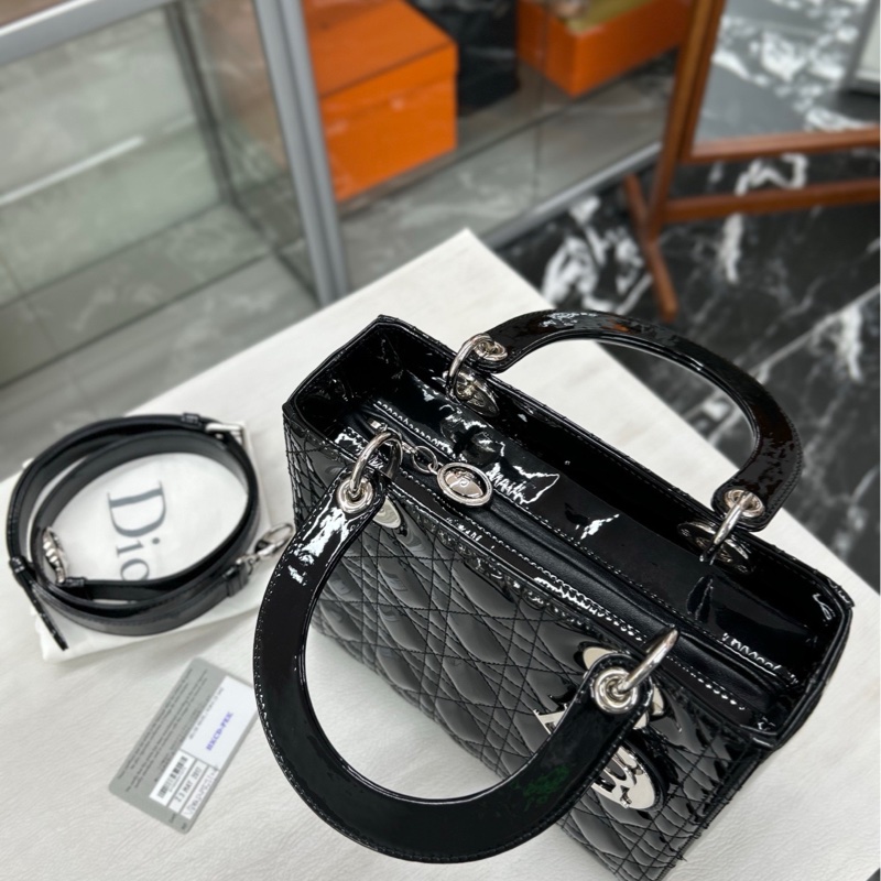 【99新】Dior 黑銀漆皮五格戴妃手提包 斜挎包 單肩包-1