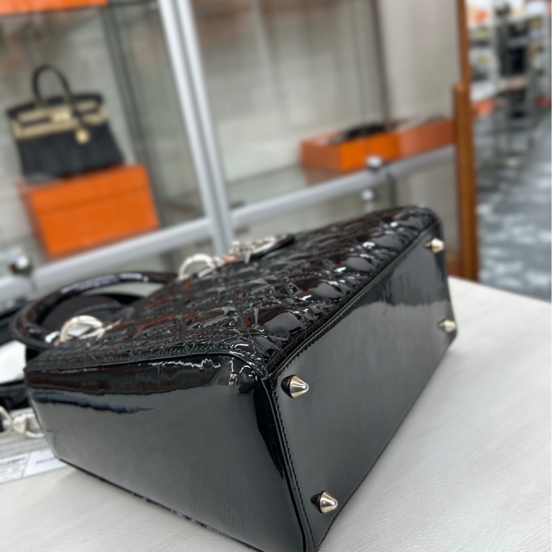 【99新】Dior 黑銀漆皮五格戴妃手提包 斜挎包 單肩包-2