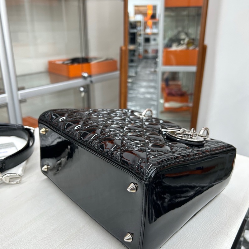 【99新】Dior 黑銀漆皮五格戴妃手提包 斜挎包 單肩包-3