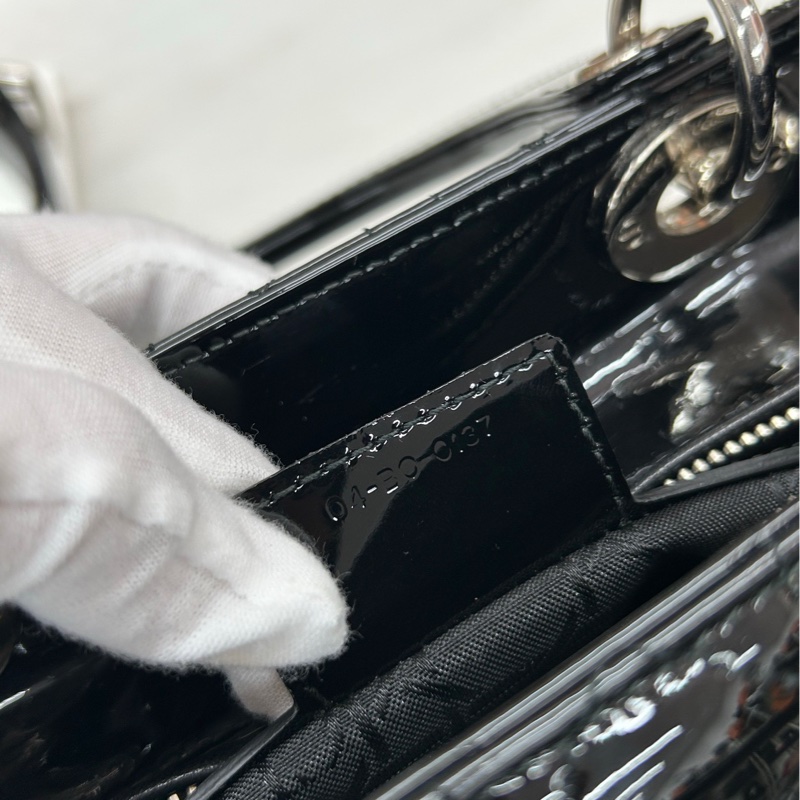 【99新】Dior 黑銀漆皮五格戴妃手提包 斜挎包 單肩包-5