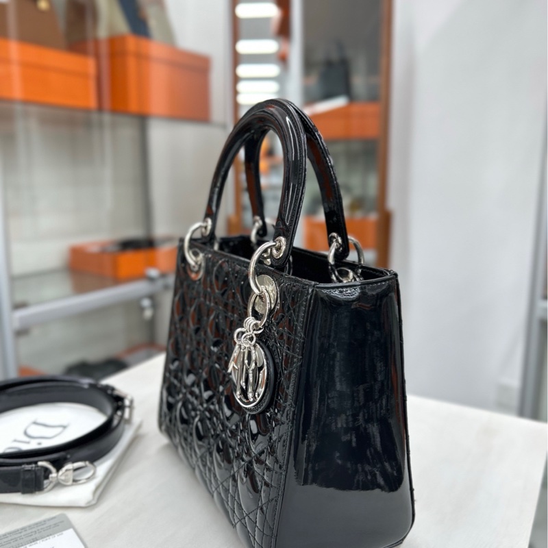 【99新】Dior 黑銀漆皮五格戴妃手提包 斜挎包 單肩包-6