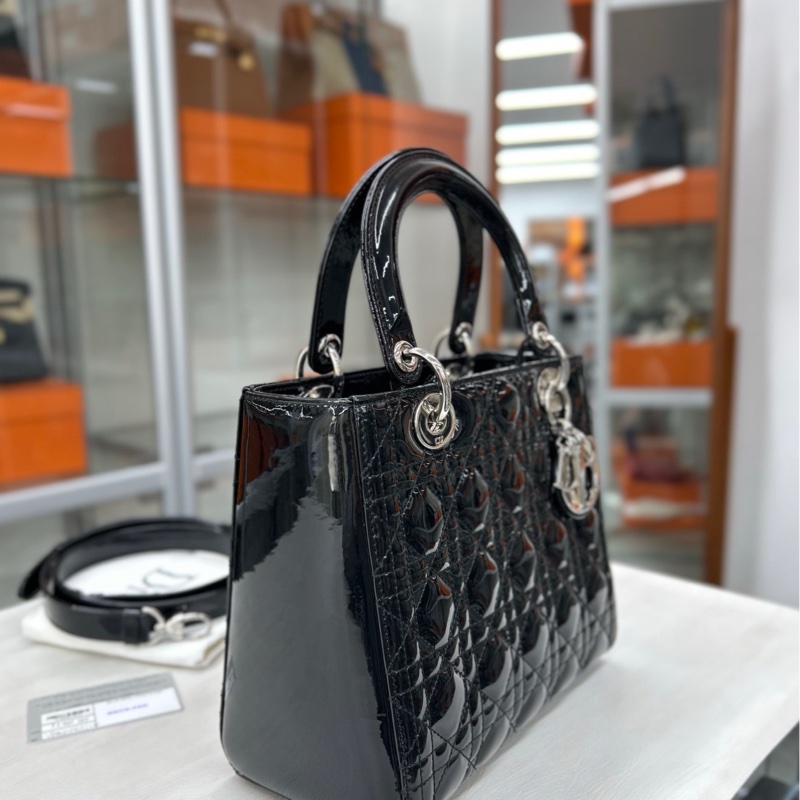 【99新】Dior 黑銀漆皮五格戴妃手提包 斜挎包 單肩包-7