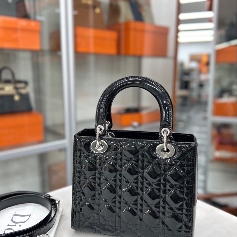 【99新】Dior 黑銀漆皮五格戴妃手提包 斜挎包 單肩包-8