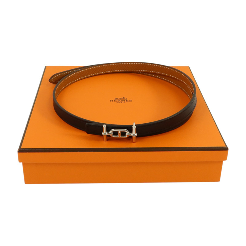 HERMES Epsom皮革/Swift皮革Ancre Belt 75cm銀扣皮帶Noir-5