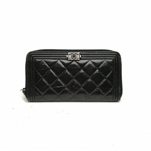 CHANEL 黑色牛皮20開鎢鋼扣Leboy長款拉鏈錢包