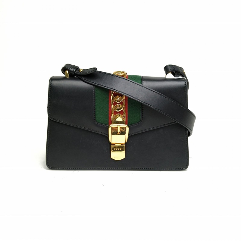GUCCI Sylvie塞爾維亞絲帶包小號25.5黑色牛皮金扣肩背包-0