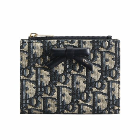 【Dior 迪奧】Oblique Bow Dahlia 蝴蝶結 緹花 錢包 卡夾 皮夾 短夾 藍色 S2503OUQY.M928