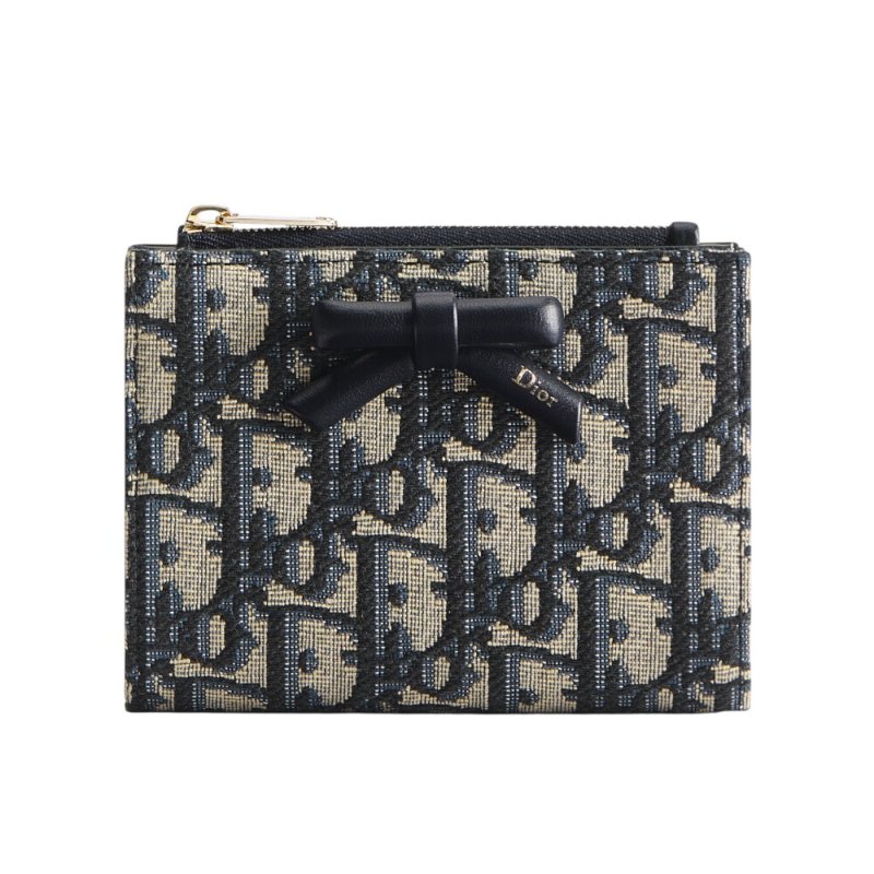 【Dior 迪奧】Oblique Bow Dahlia 蝴蝶結 緹花 錢包 卡夾 皮夾 短夾 藍色 S2503OUQY.M928-0