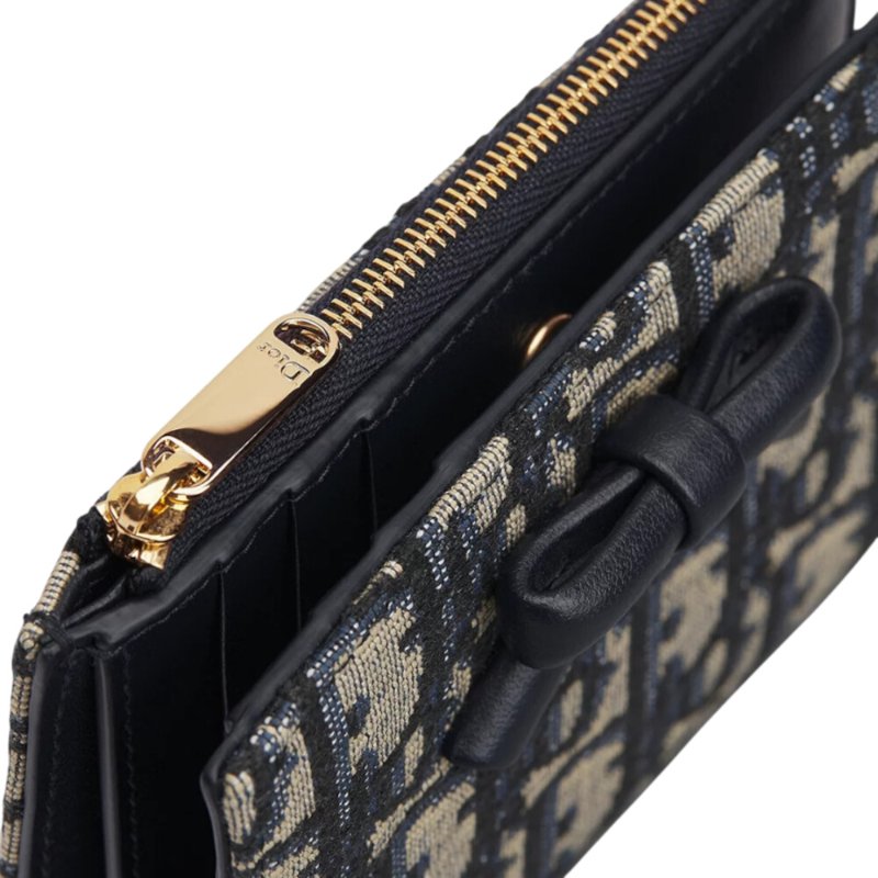 【Dior 迪奧】Oblique Bow Dahlia 蝴蝶結 緹花 錢包 卡夾 皮夾 短夾 藍色 S2503OUQY.M928-2