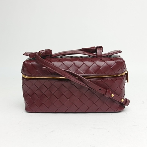 BOTTEGA VENETA vanity編織皮革化妝包酒紅色牛皮金扣肩背包
