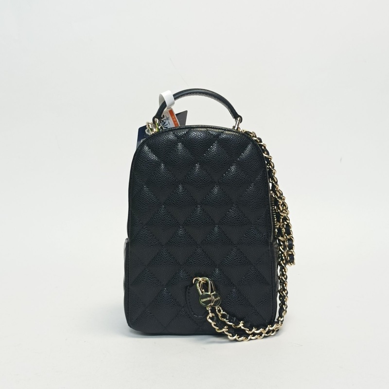 CHANEL 手提前口袋雙肩包13cm黑色荔枝牛皮鐳射標淺金扣26C-2