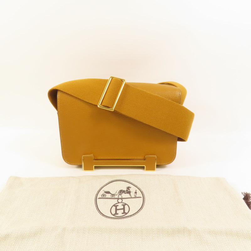 HERMES Chevre皮革Geta金扣肩背袋Caramel-9