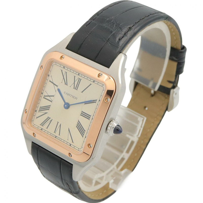 卡地亞 Santos Dumont LM 男士腕錶，18K 玫瑰金 (PG)，不鏽鋼，皮錶帶，銀色/金色，W2SA0011-1