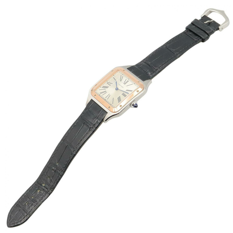 卡地亞 Santos Dumont LM 男士腕錶，18K 玫瑰金 (PG)，不鏽鋼，皮錶帶，銀色/金色，W2SA0011-3