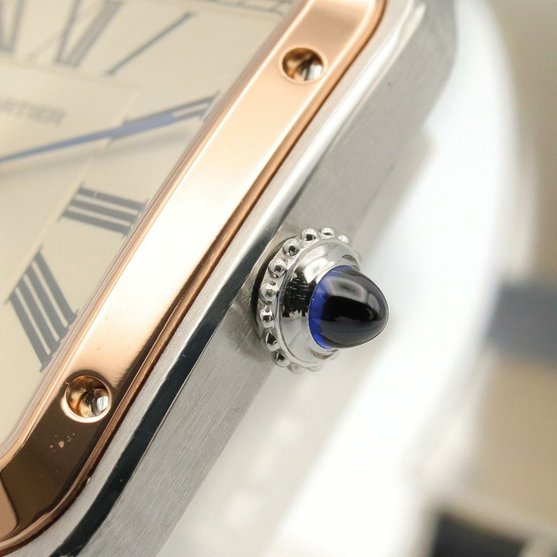 卡地亞 Santos Dumont LM 男士腕錶，18K 玫瑰金 (PG)，不鏽鋼，皮錶帶，銀色/金色，W2SA0011-6