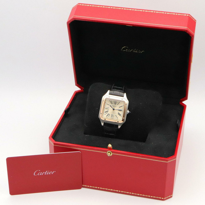 卡地亞 Santos Dumont LM 男士腕錶，18K 玫瑰金 (PG)，不鏽鋼，皮錶帶，銀色/金色，W2SA0011-9