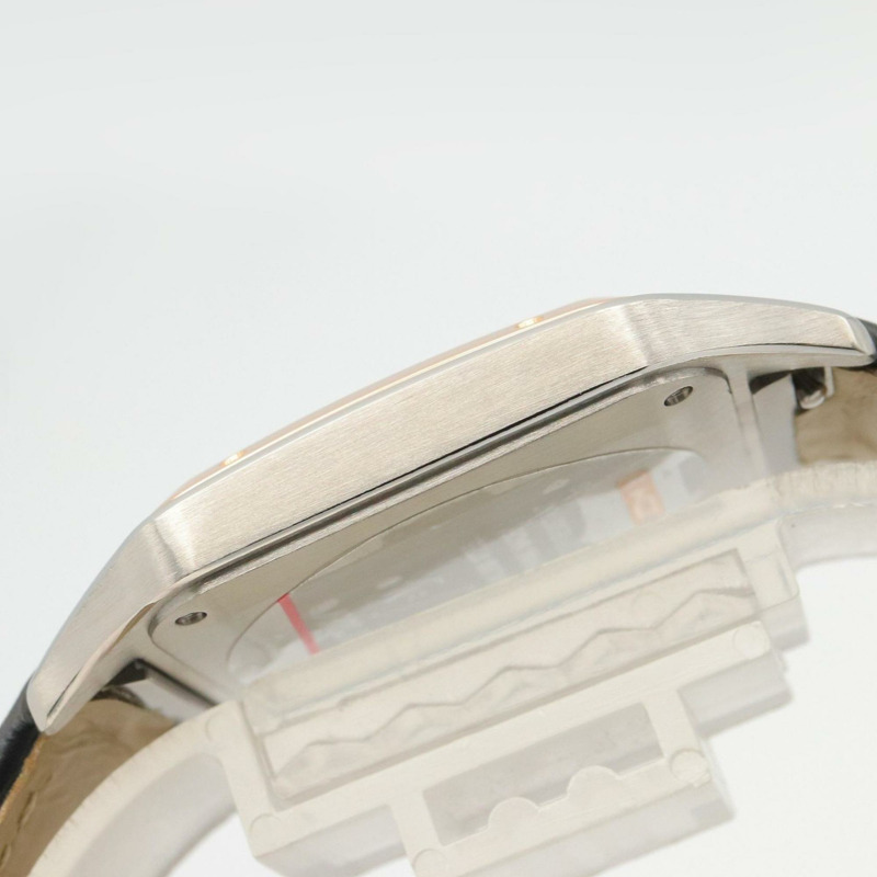 卡地亞 Santos Dumont LM 男士腕錶，18K 玫瑰金 (PG)，不鏽鋼，皮錶帶，銀色/金色，W2SA0011-10