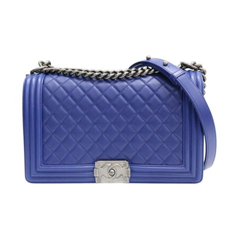 藍色 菱格紋 牛皮 Boy 28 鍊帶 肩背包 銀釦【CHANEL 香奈兒】 A92193