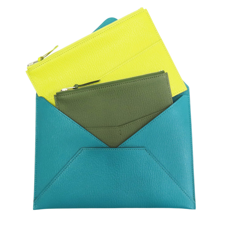 孔雀藍/叢林綠/糖果黃 Mysore山羊皮 Envelope Trio Wallet 手拿包 X刻【HERMES 愛馬仕】-3