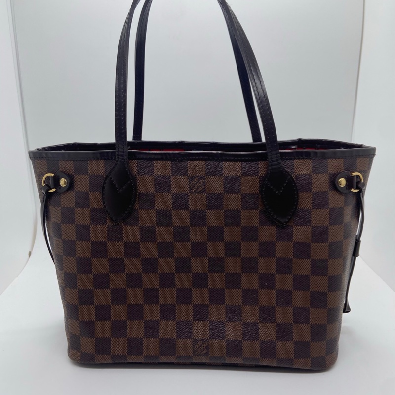二手Lv neverfull小號棋盤格棕色購物袋，邊角有輕微磨損，手柄有輕微磨損，12年編碼-1