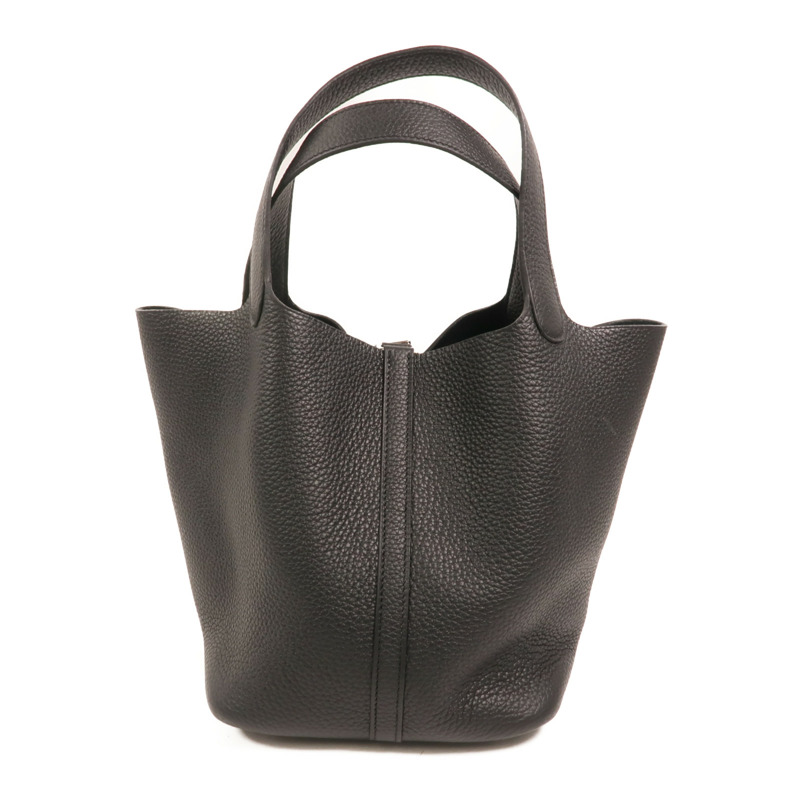 HERMES Clemence皮革Picotin MM銀扣手挽袋Noir-1