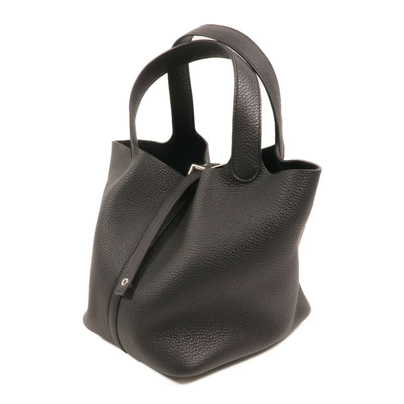 HERMES Clemence皮革Picotin MM銀扣手挽袋Noir-2