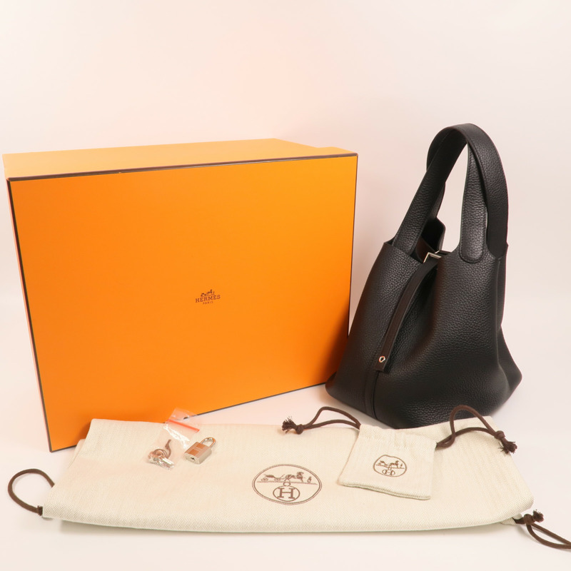 HERMES Clemence皮革Picotin MM銀扣手挽袋Noir-7