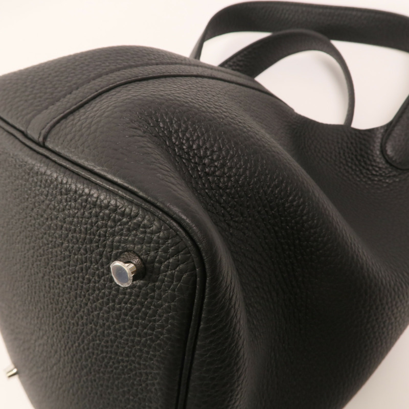 HERMES Clemence皮革Picotin MM銀扣手挽袋Noir-10