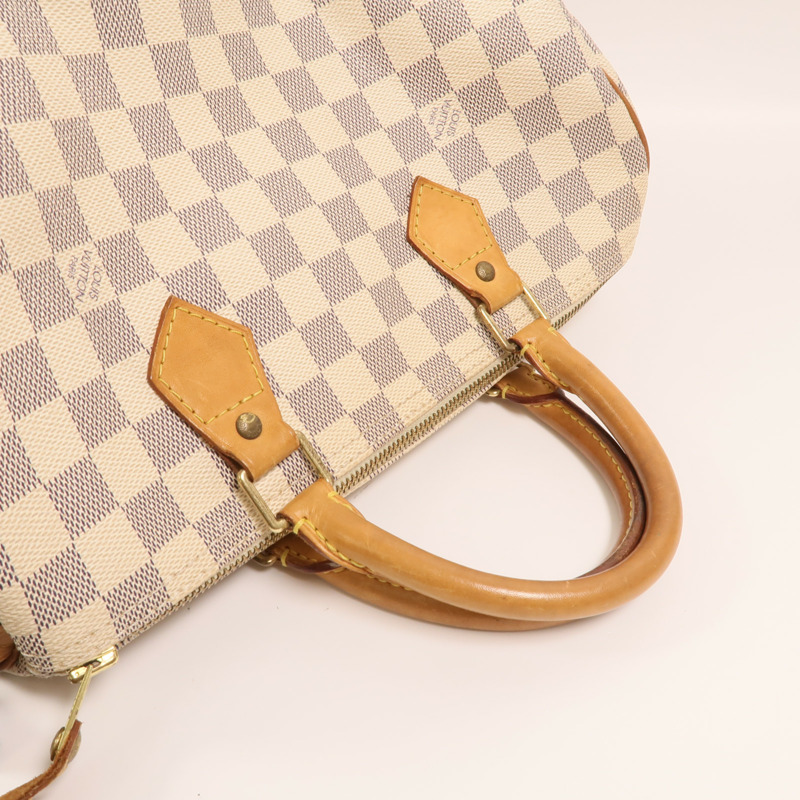 LOUIS VUITTON Damier Azur Speedy 30金扣手挽袋白色-7