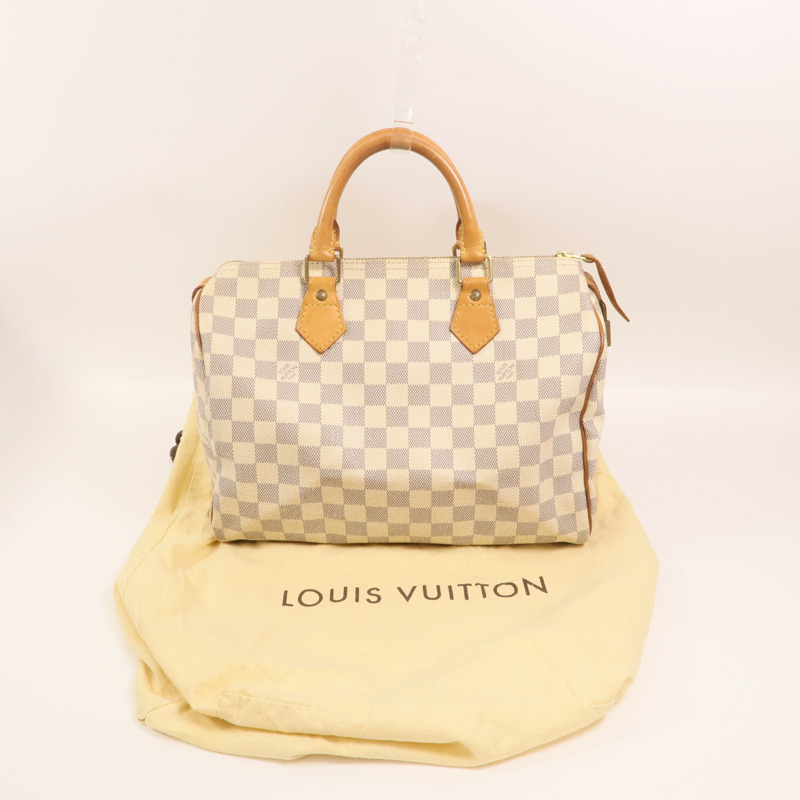 LOUIS VUITTON Damier Azur Speedy 30金扣手挽袋白色-8