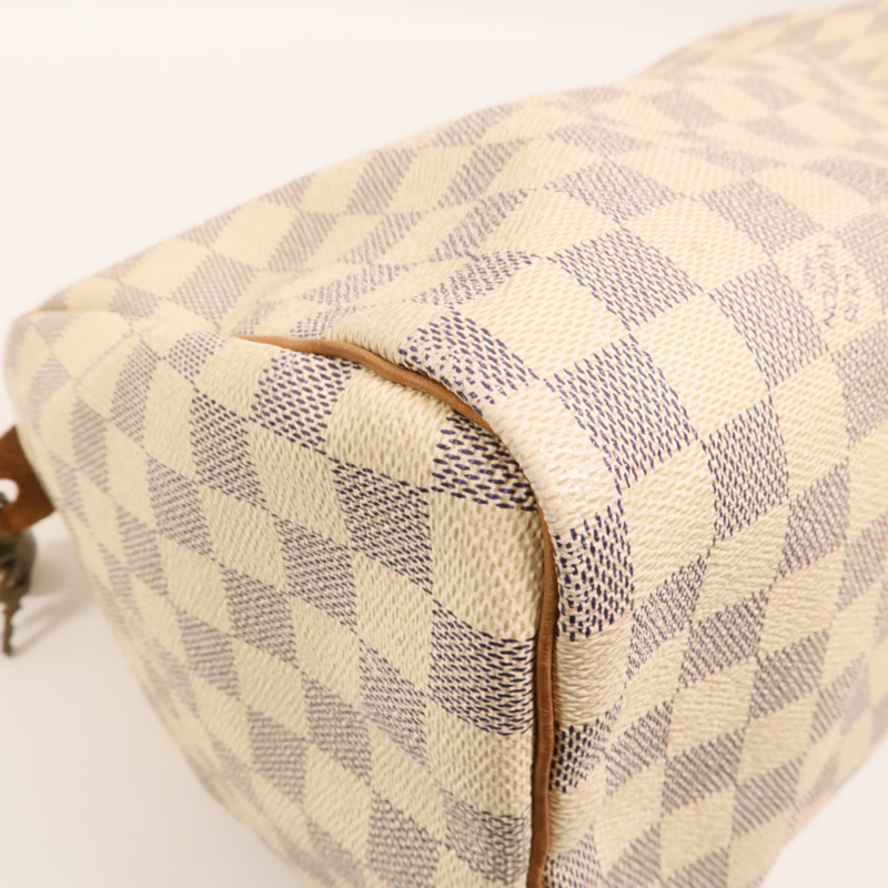 LOUIS VUITTON Damier Azur Speedy 30金扣手挽袋白色-12