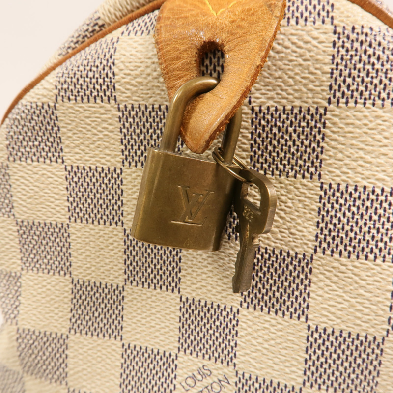 LOUIS VUITTON Damier Azur Speedy 30金扣手挽袋白色-13
