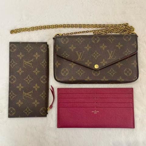 LV/路易威登 Felicie Pochette 經典老花 塗層帆布拼牛皮 三合一鏈條包腋下包手拿斜挎單肩包
