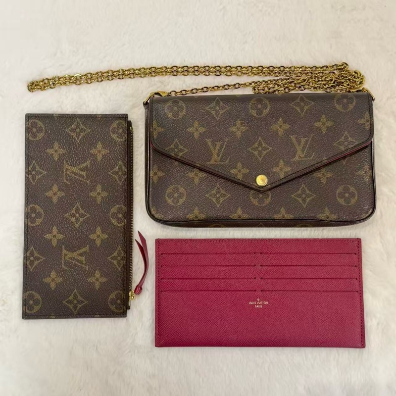 LV/路易威登 Felicie Pochette 經典老花 塗層帆布拼牛皮 三合一鏈條包腋下包手拿斜挎單肩包-0