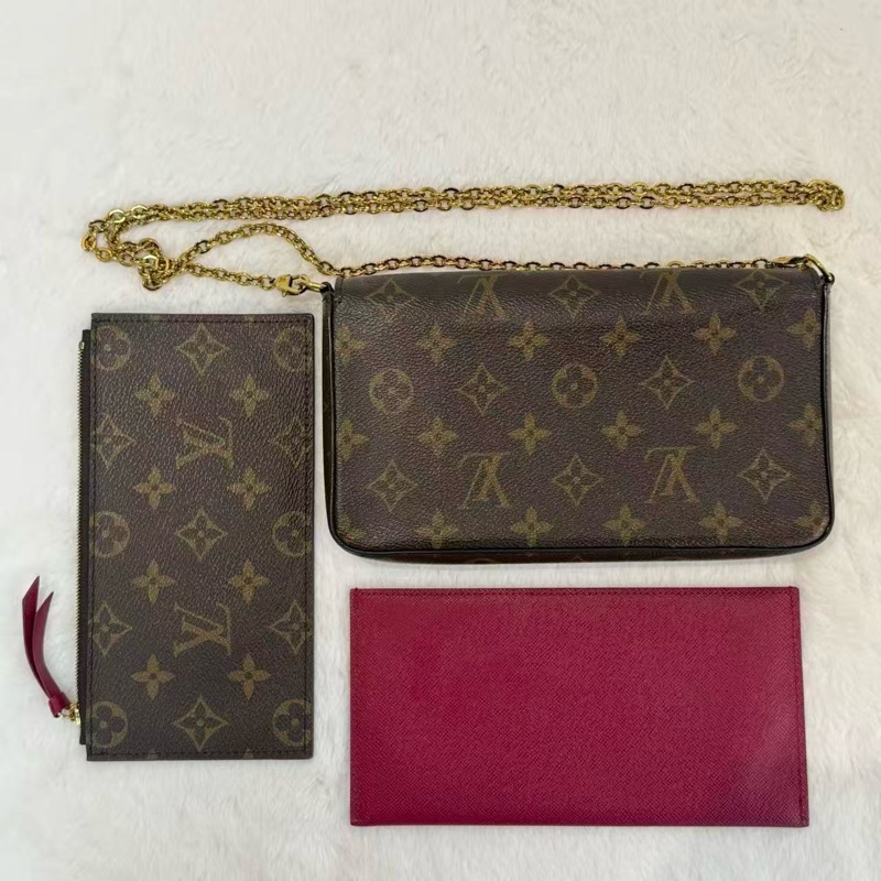 LV/路易威登 Felicie Pochette 經典老花 塗層帆布拼牛皮 三合一鏈條包腋下包手拿斜挎單肩包-1