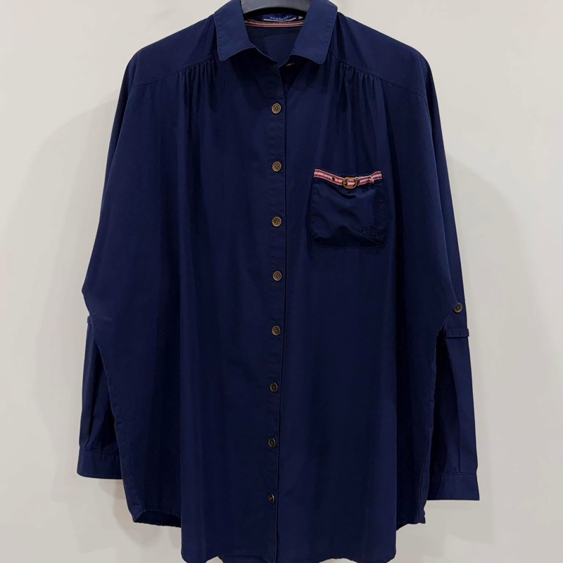 BURBERRY 藍標 深藍 寛版口袋戰馬休閒襯衫-1