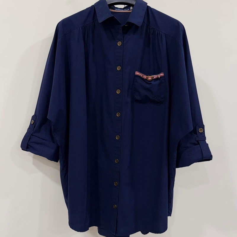 BURBERRY 藍標 深藍 寛版口袋戰馬休閒襯衫-3