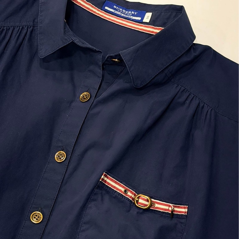 BURBERRY 藍標 深藍 寛版口袋戰馬休閒襯衫-4