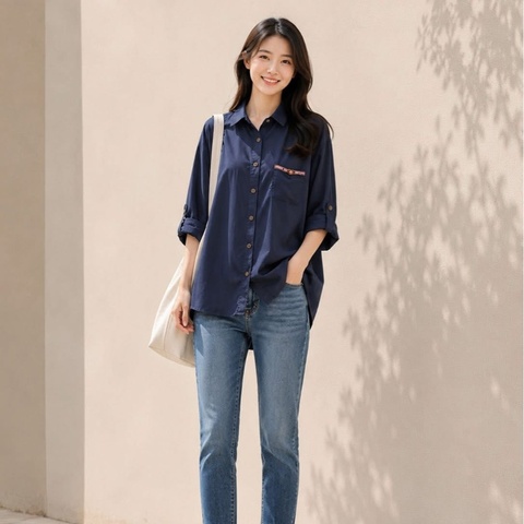 BURBERRY 藍標 深藍 寛版口袋戰馬休閒襯衫
