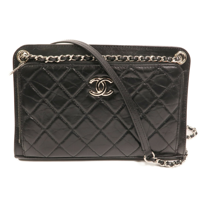 CHANEL 牛皮皮革Chain Shoulder銀扣鏈帶肩背袋-0