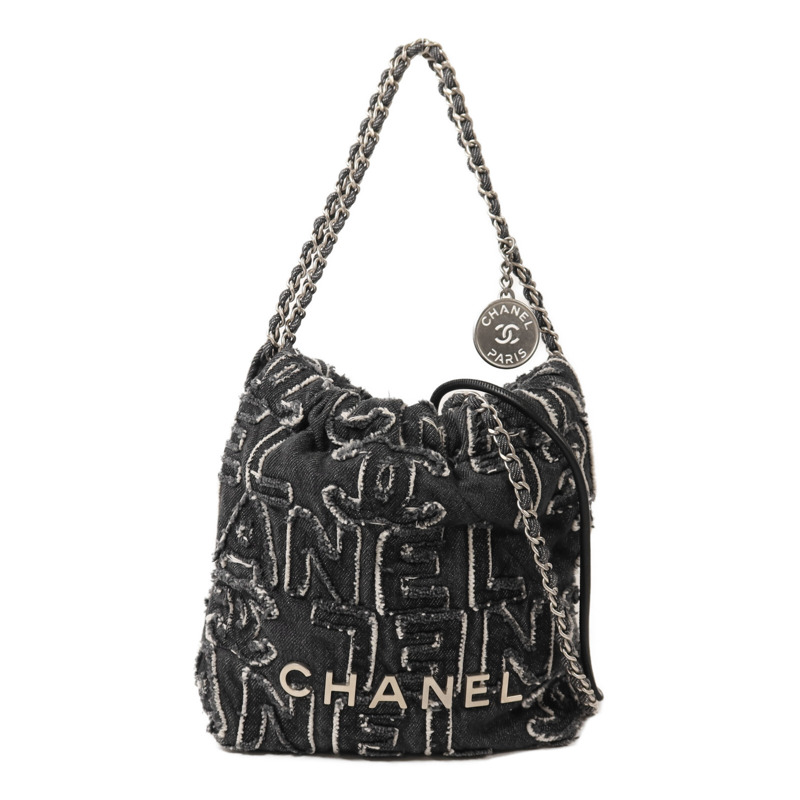 CHANEL 牛仔布Chanel 22 Small銀扣鏈帶肩背袋-0