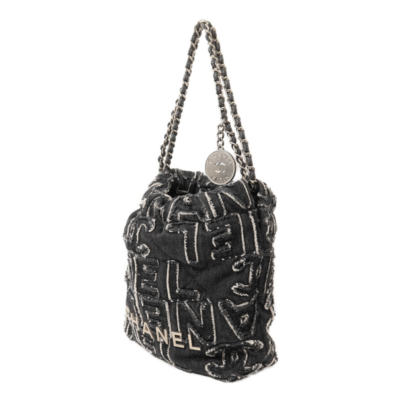 CHANEL 牛仔布Chanel 22 Small銀扣鏈帶肩背袋-2