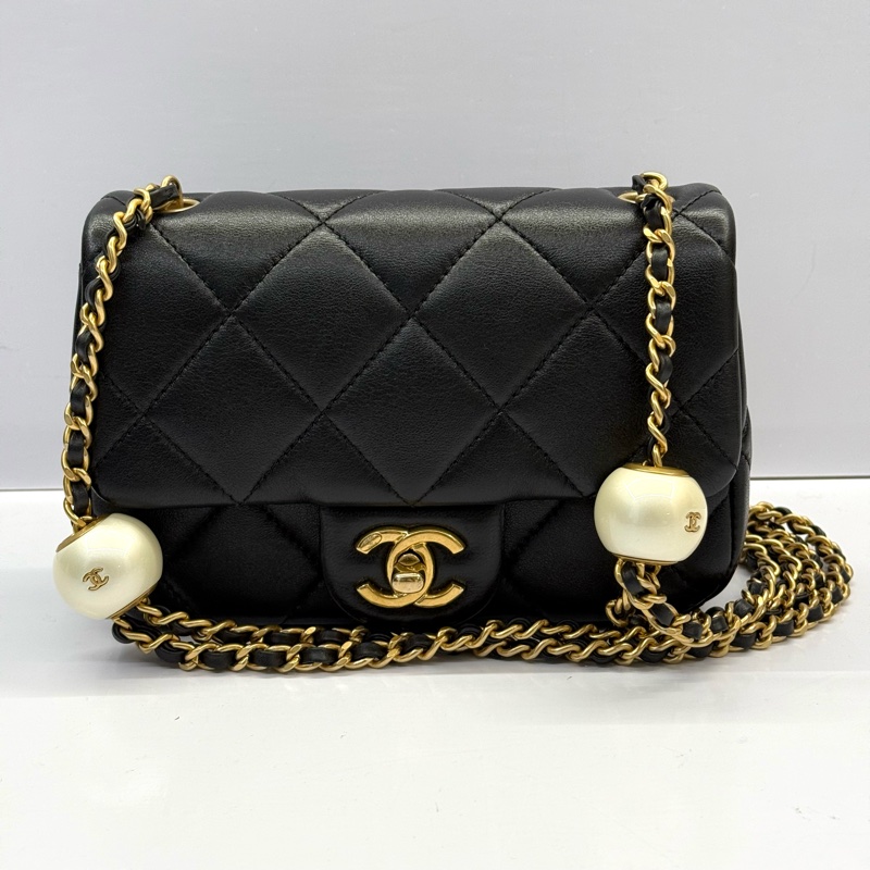 CHANEL 香奈兒 黑色菱格紋羊皮Mini PEARL CRUSH 18CM RFID-0