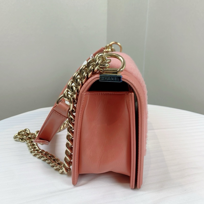 香奈兒/Chanel leboy羊羔毛 CHANEL 口蓋包 絨毛粉紅色小牛皮與金色金屬  羊羔毛-4