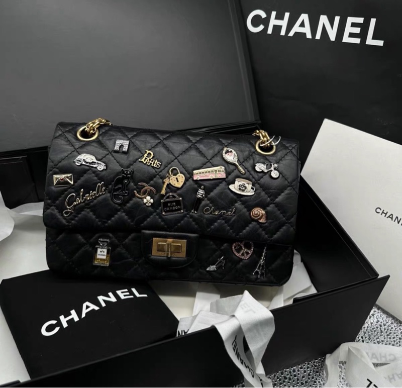 Chanel香奈兒 2.55巴黎鐵塔 貓咪 香水瓶徽章限量款 小號 黑金 尺寸約24×15×8 罕見款 經典收藏款-8