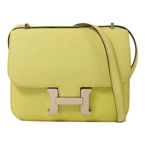 HERMES Chevre皮革Constance Mini銀扣肩背袋Jaune Bourgeon