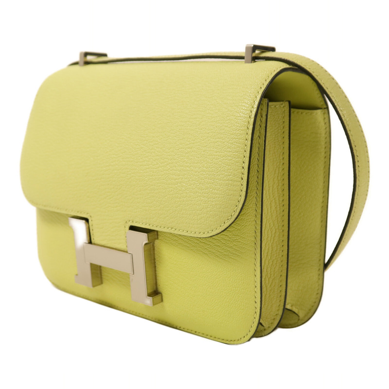 HERMES Chevre皮革Constance Mini銀扣肩背袋Jaune Bourgeon-2