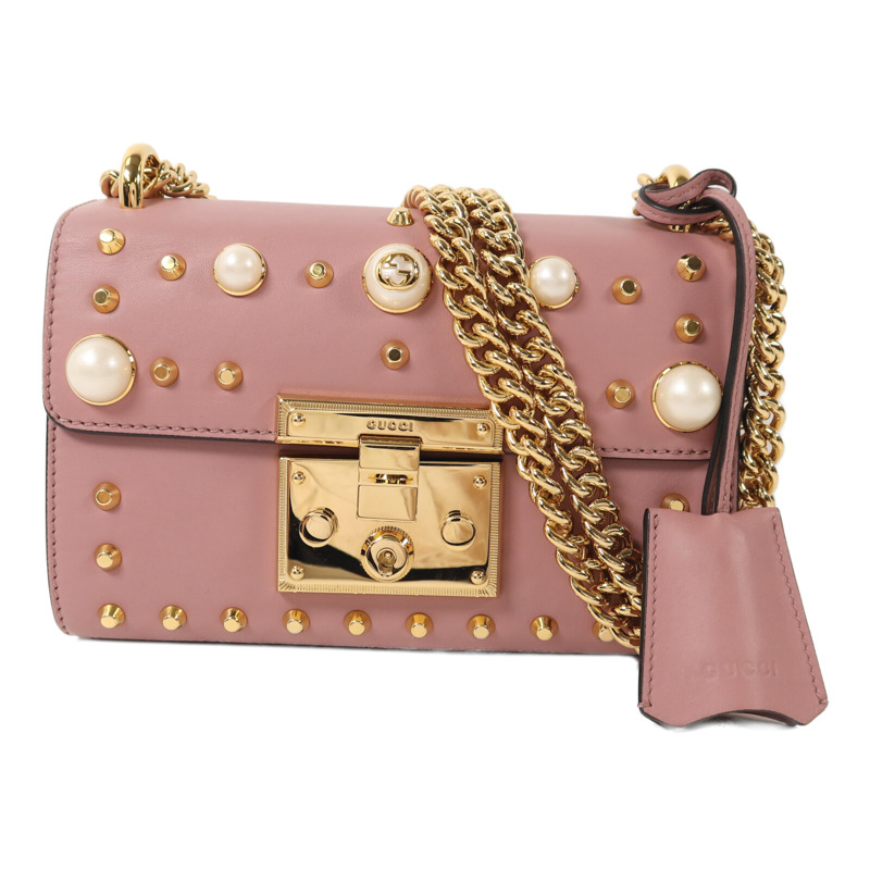 GUCCI 牛皮皮革Padlock Pearl Bag金扣鏈帶肩背袋-0