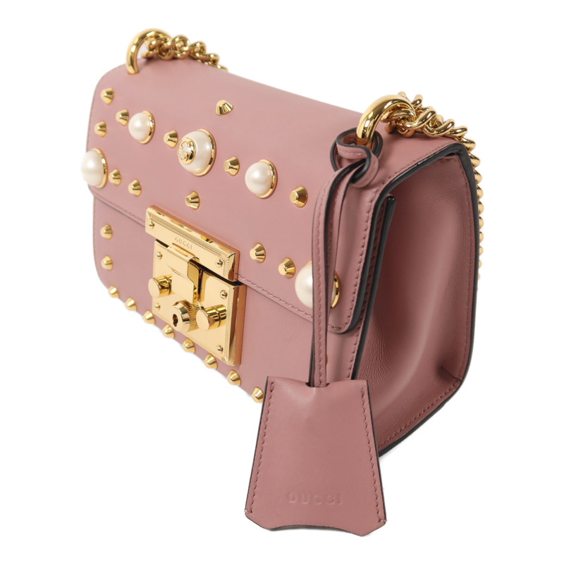 GUCCI 牛皮皮革Padlock Pearl Bag金扣鏈帶肩背袋-2