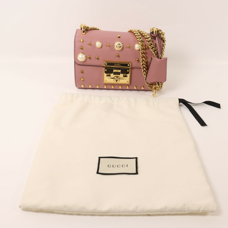GUCCI 牛皮皮革Padlock Pearl Bag金扣鏈帶肩背袋-9